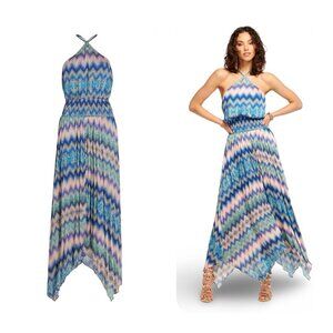 NWT Ramy Brook Giana Chevron Print Halter Maxi Dress Handkerchief Hem, Size M‎